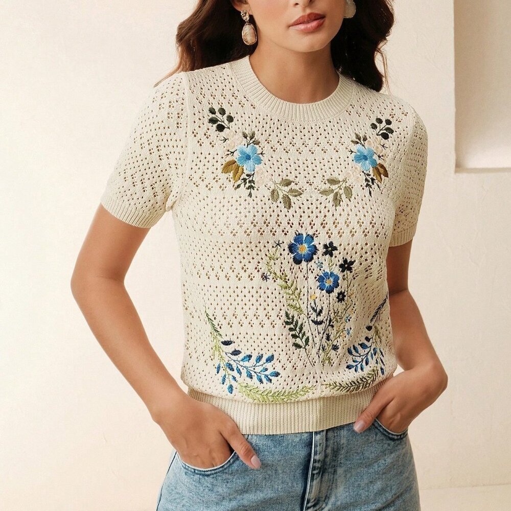 Apricot Casual Women's Embroidery Round Neck Short Sleeve T-Shirt